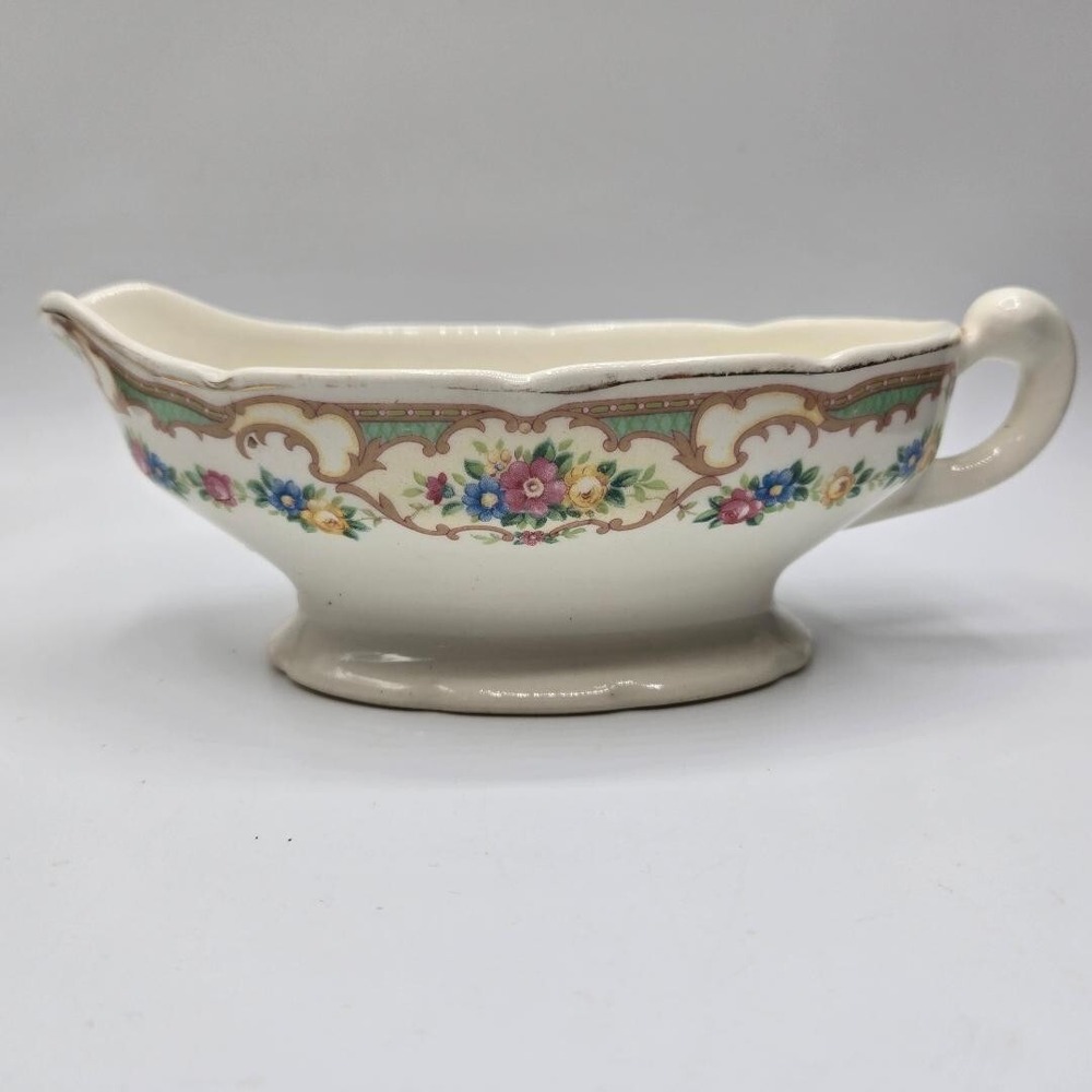 1930s Floral China Gravy Boat w/ Gold Trim, Mount Clemens Mildred Colletion USA.